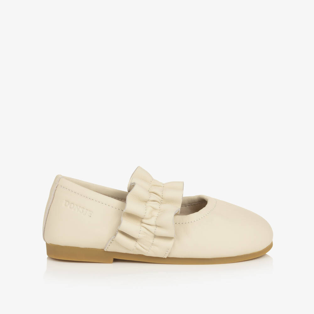 Donsje-Girls Cream Leather Ballerina Flats with Ruffle Strap | Childrensalon Outlet