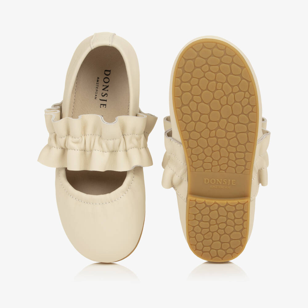 Donsje-Girls Cream Leather Ballerina Flats with Ruffle Strap | Childrensalon Outlet