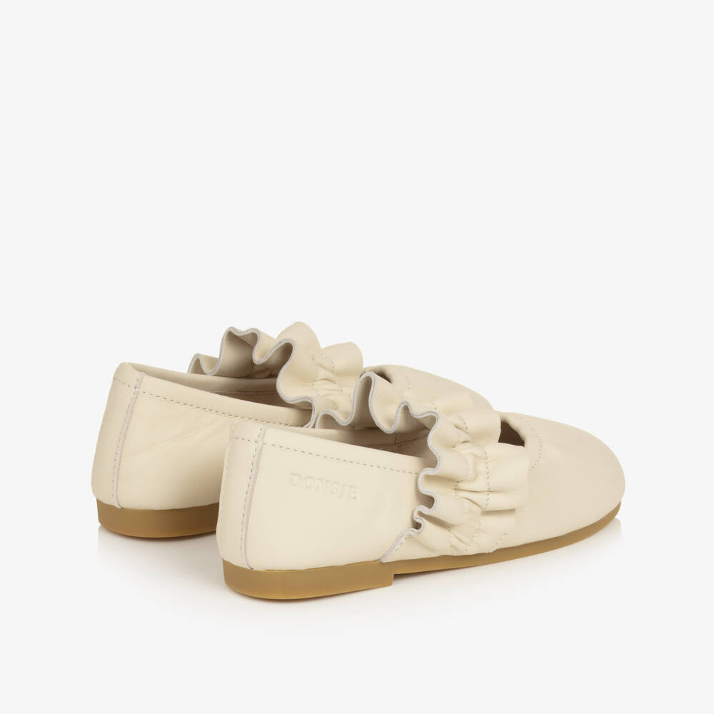 Donsje-Girls Cream Leather Ballerina Flats with Ruffle Strap | Childrensalon Outlet