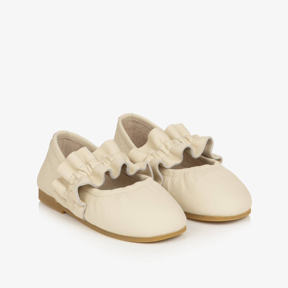 Donsje-Girls Cream Leather Ballerina Flats with Ruffle Strap | Childrensalon Outlet