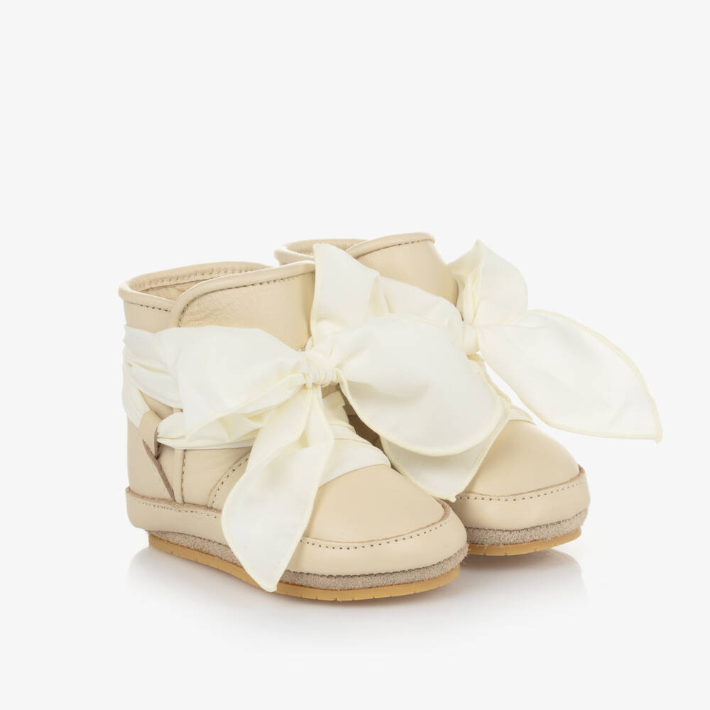 Donsje-Girls Cream Leather Bow Booties | Childrensalon Outlet