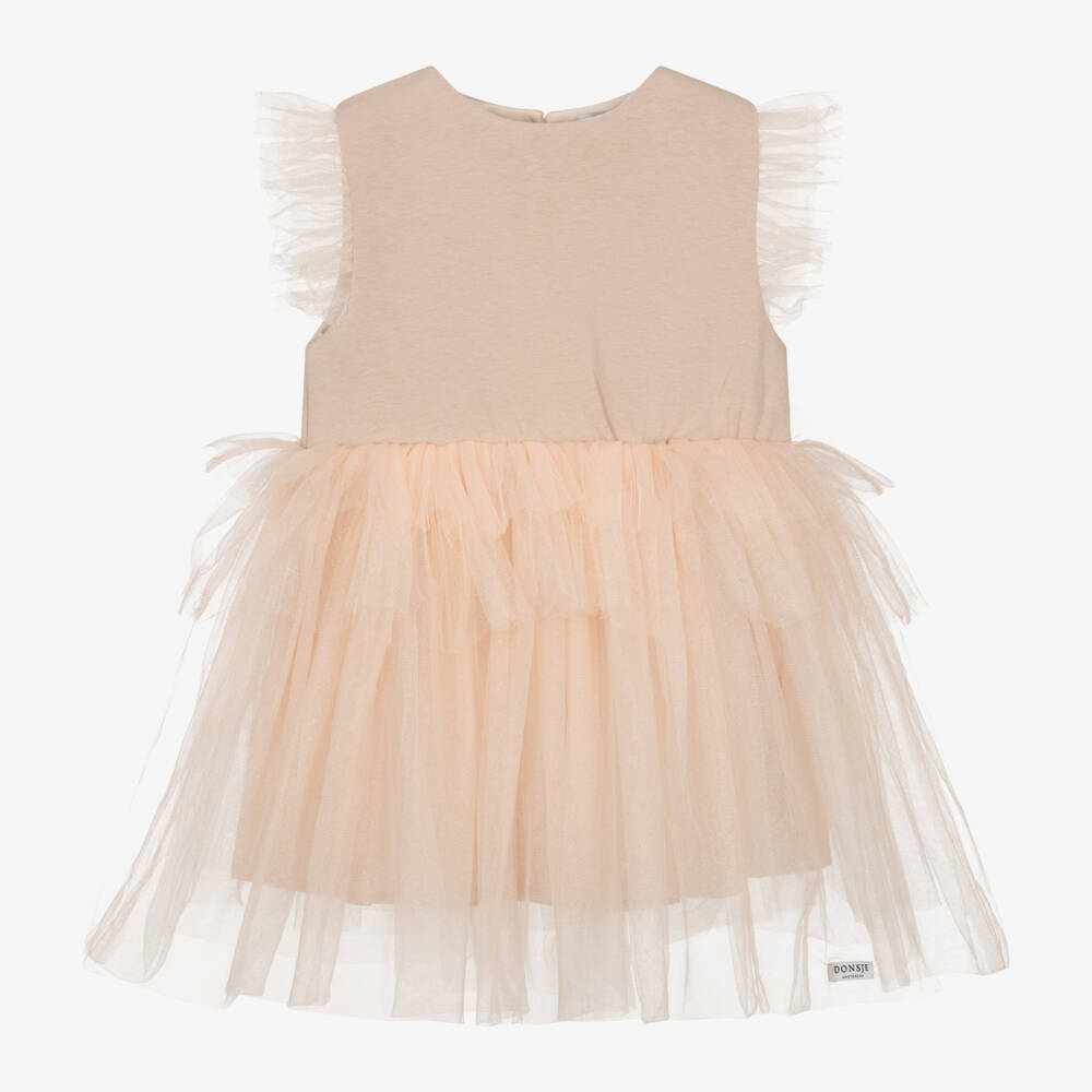Donsje-Girls Dusky Pink Cotton & Tulle Dress | Childrensalon Outlet