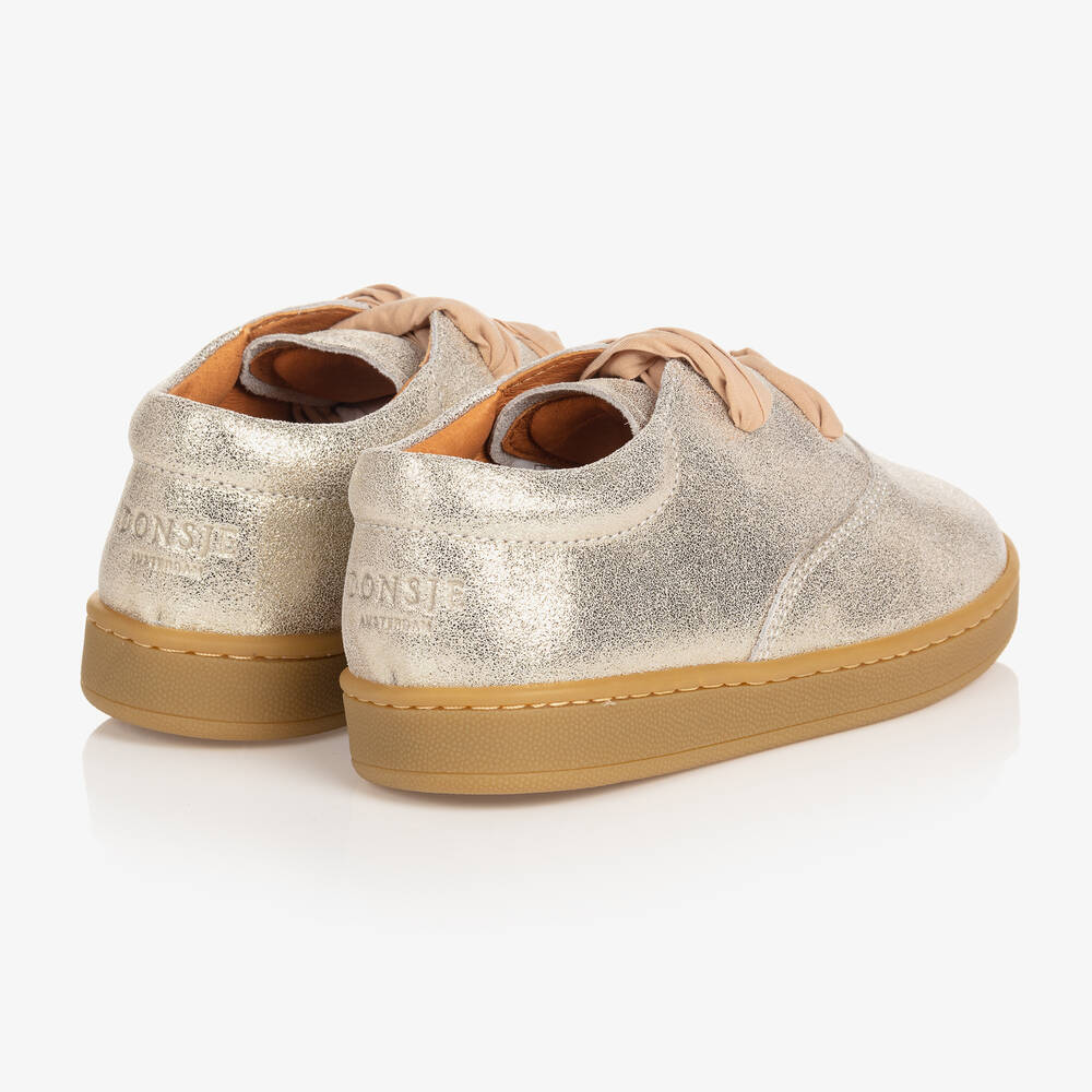 Donsje Girls Glittery Gold Leather Trainers Childrensalon Outlet
