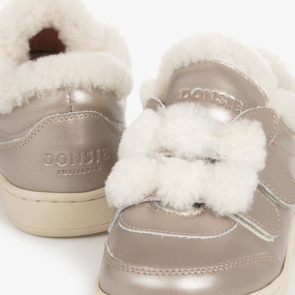 Donsje-Girls Gold Leather Fur Trainers | Childrensalon Outlet