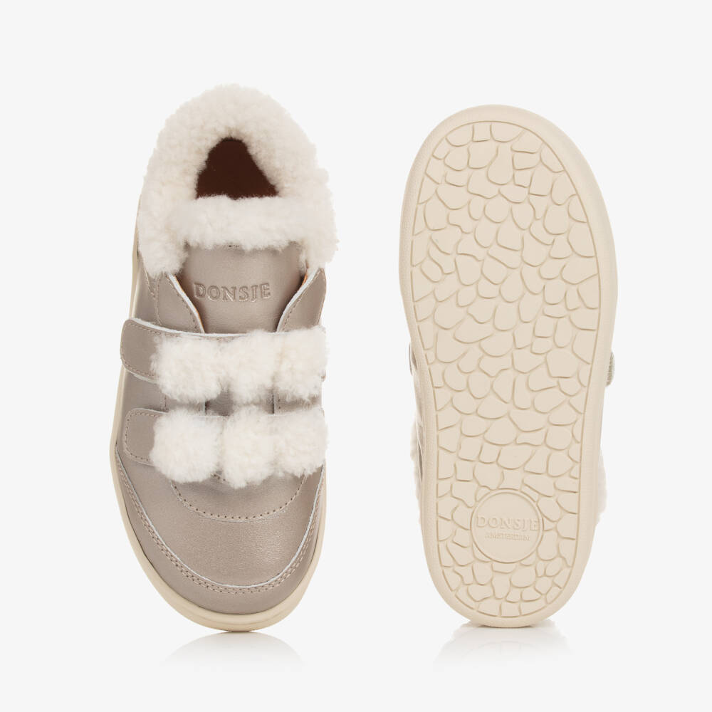 Donsje-Girls Gold Leather Fur Trainers | Childrensalon Outlet