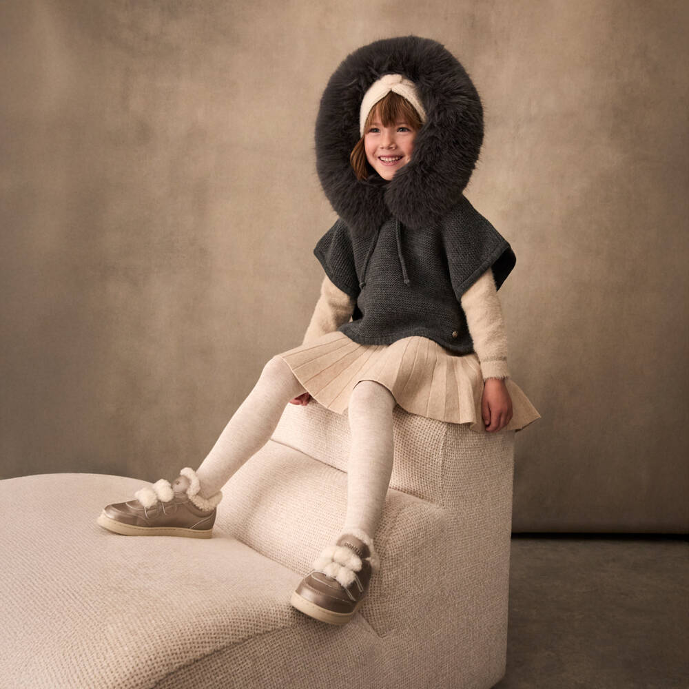 Donsje-Girls Gold Leather Fur Trainers | Childrensalon Outlet