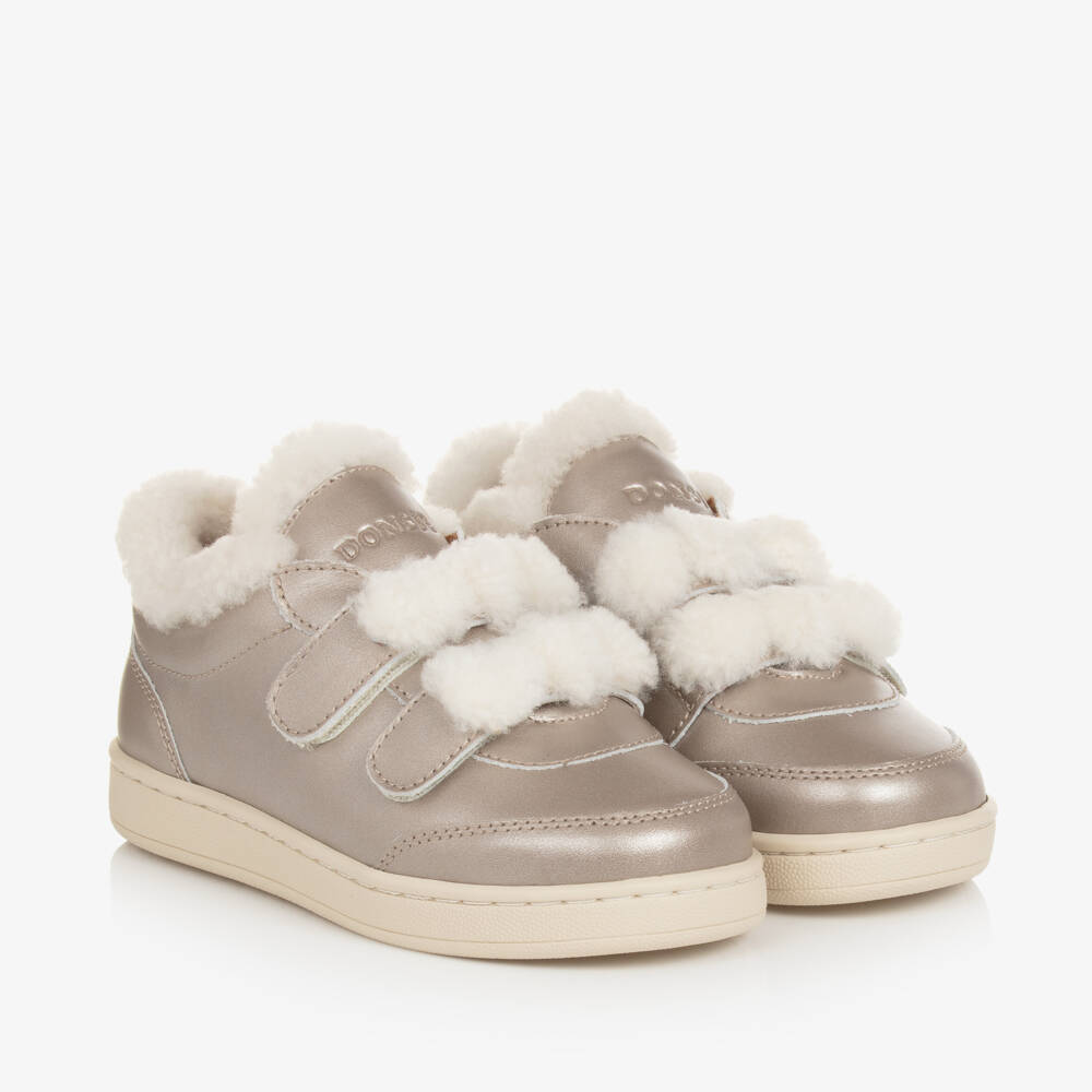 Donsje-Girls Gold Leather Fur Trainers | Childrensalon Outlet
