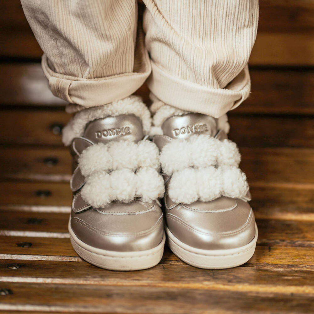 Donsje-Girls Gold Leather Fur Trainers | Childrensalon Outlet