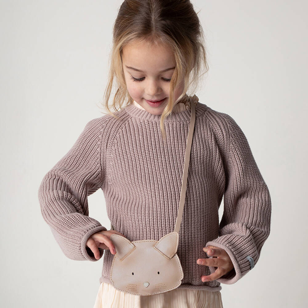 Donsje-Girls Grey Leather Cat Purse (12cm) | Childrensalon Outlet