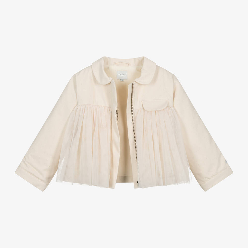 Donsje-Girls Ivory Cotton Twill & Tulle Jacket | Childrensalon Outlet