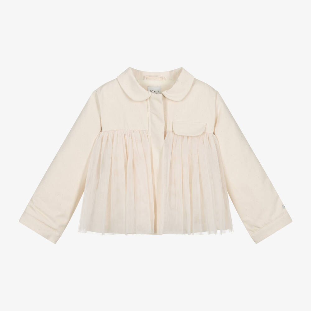 Donsje-Girls Ivory Cotton Twill & Tulle Jacket | Childrensalon Outlet