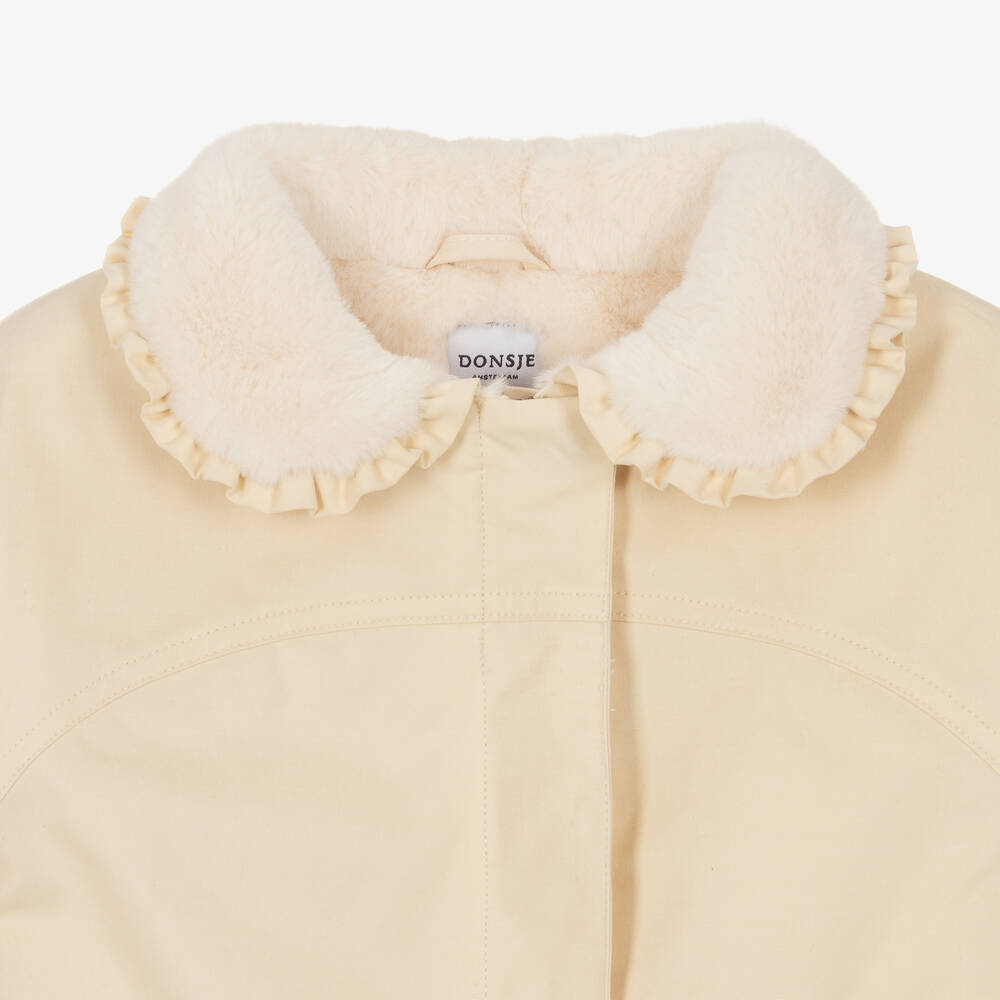 Donsje-جاكيت قطن عضوي تويل بياقة فرو صناعي لون عاجي | Childrensalon Outlet