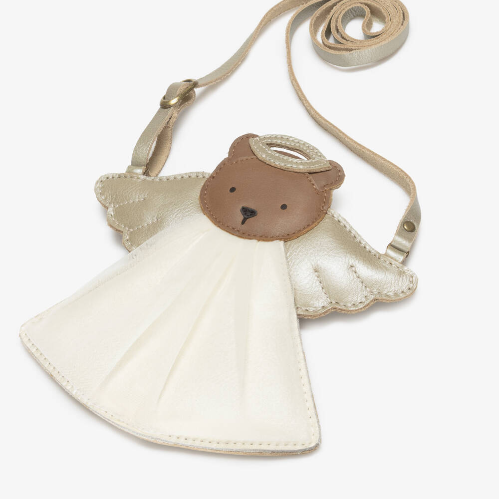Donsje-Girls Metallic Gold & Ivory Leather Angel Bear Purse (17cm) | Childrensalon Outlet