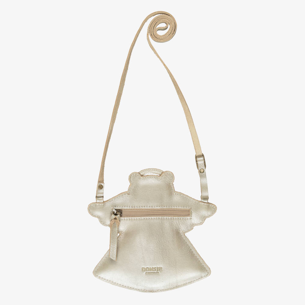 Donsje-Girls Metallic Gold & Ivory Leather Angel Bear Purse (17cm) | Childrensalon Outlet