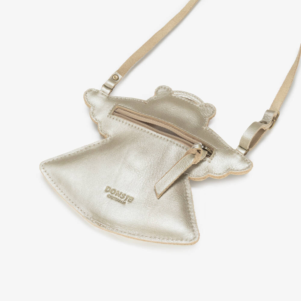 Donsje-Girls Metallic Gold & Ivory Leather Angel Bear Purse (17cm) | Childrensalon Outlet