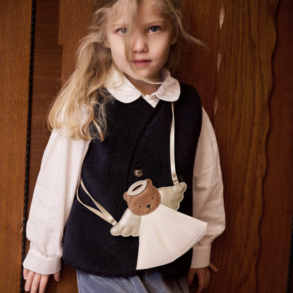 Donsje-Girls Metallic Gold & Ivory Leather Angel Bear Purse (17cm) | Childrensalon Outlet