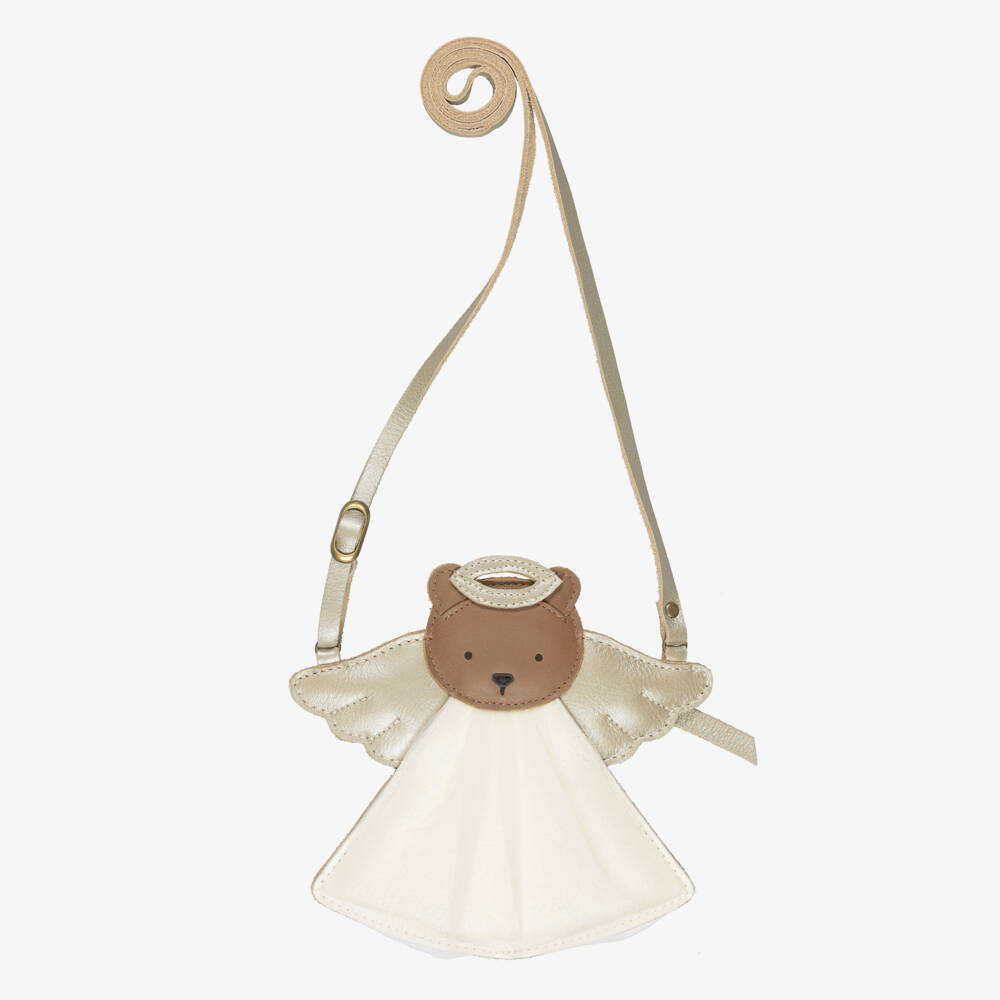 Donsje-Girls Metallic Gold & Ivory Leather Angel Bear Purse (17cm) | Childrensalon Outlet