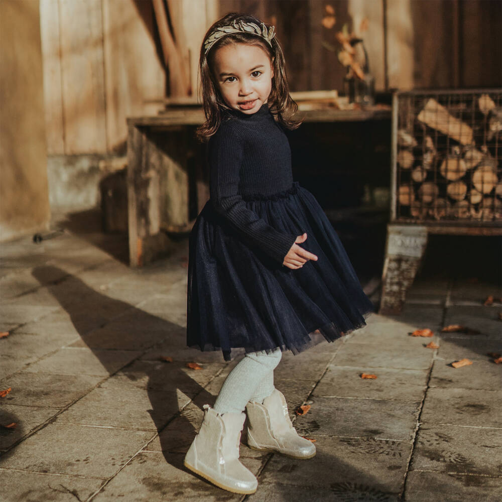 Donsje-Girls Navy Blue Knitted Tulle Dress | Childrensalon Outlet