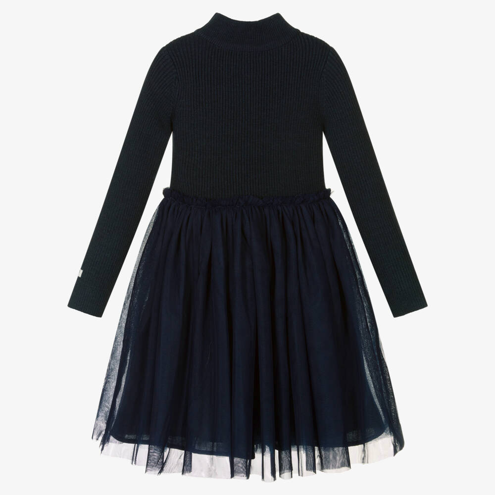 Donsje-Girls Navy Blue Knitted Tulle Dress | Childrensalon Outlet