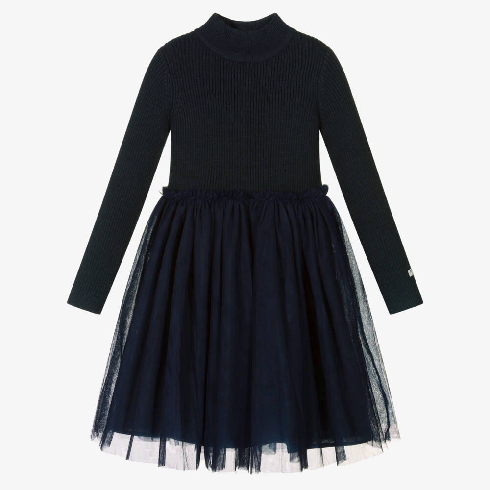 Donsje-Girls Navy Blue Knitted Tulle Dress | Childrensalon Outlet