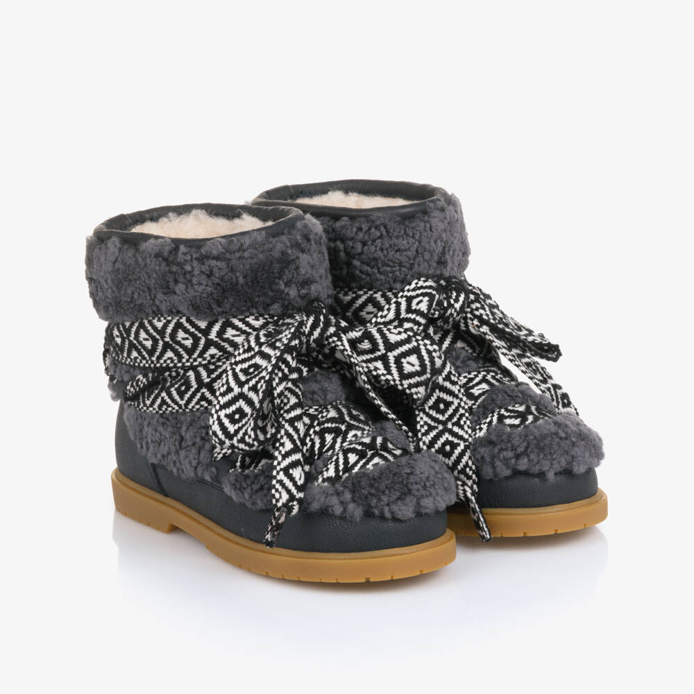 Donsje-Girls Navy Blue Leather & Sheep Wool Pull-On Boots | Childrensalon Outlet