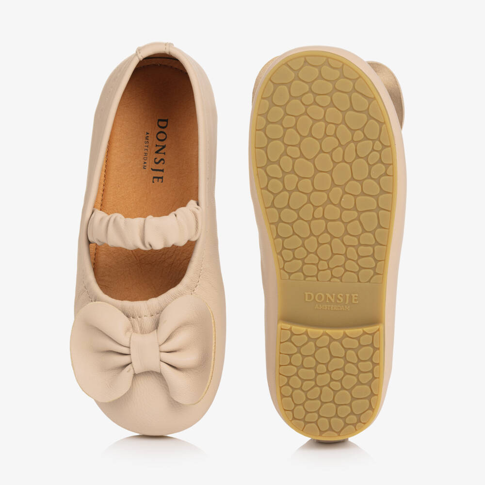 Donsje-Girls Pink Leather Ballerina Shoes with Bow | Childrensalon Outlet