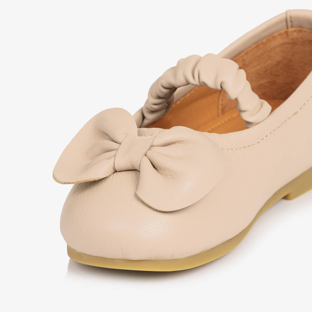 Donsje-Girls Pink Leather Ballerina Shoes with Bow | Childrensalon Outlet