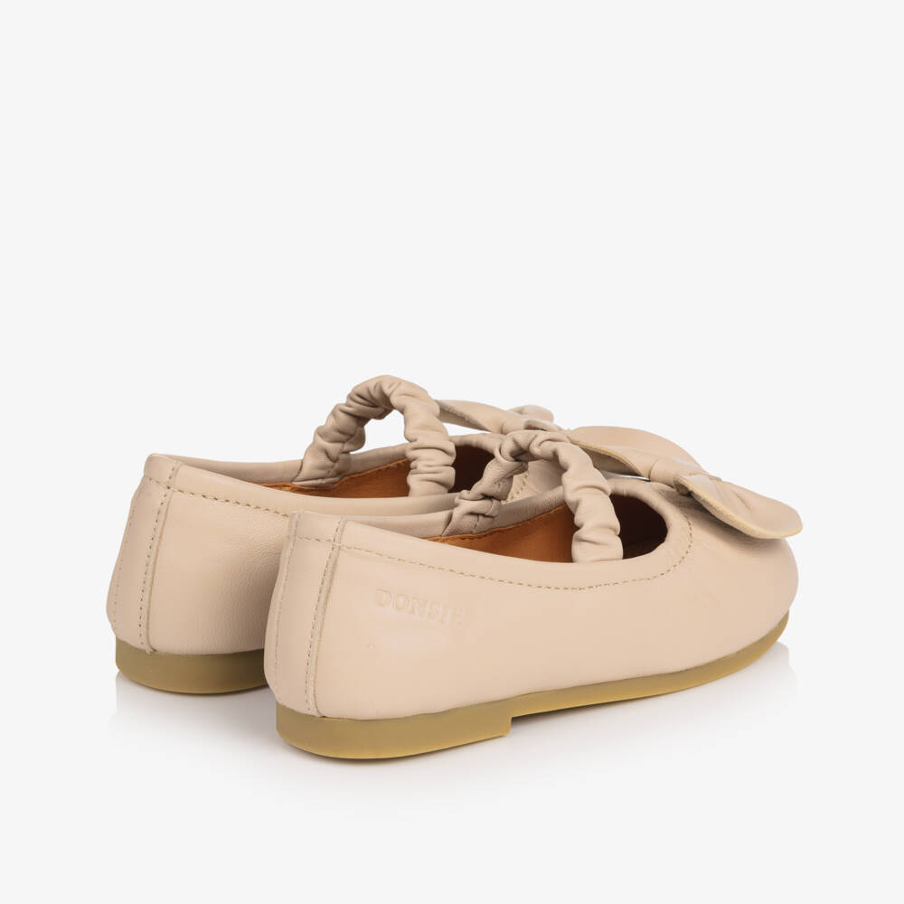 Donsje-Girls Pink Leather Ballerina Shoes with Bow | Childrensalon Outlet