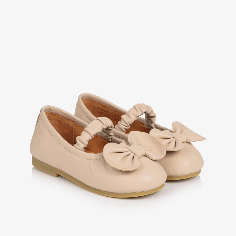 Donsje-Girls Pink Leather Ballerina Shoes with Bow | Childrensalon Outlet