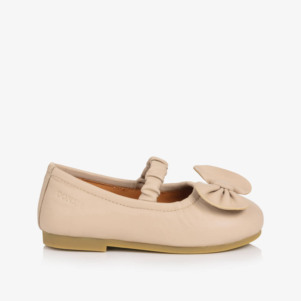 Donsje-Girls Pink Leather Ballerina Shoes with Bow | Childrensalon Outlet