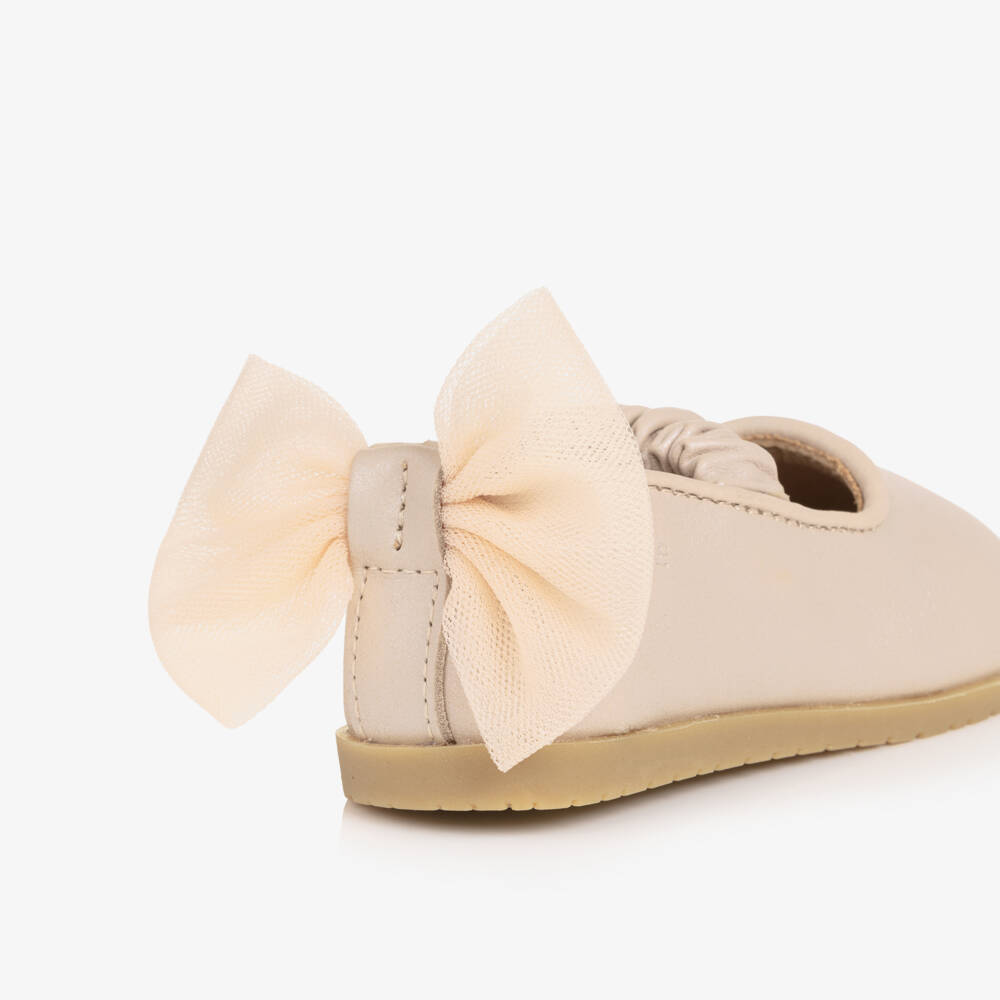 Donsje-Girls Pink Leather Ballerina Shoes with Tulle Bow | Childrensalon Outlet