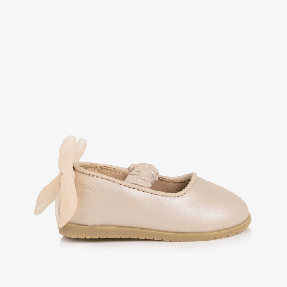 Donsje-Girls Pink Leather Ballerina Shoes with Tulle Bow | Childrensalon Outlet