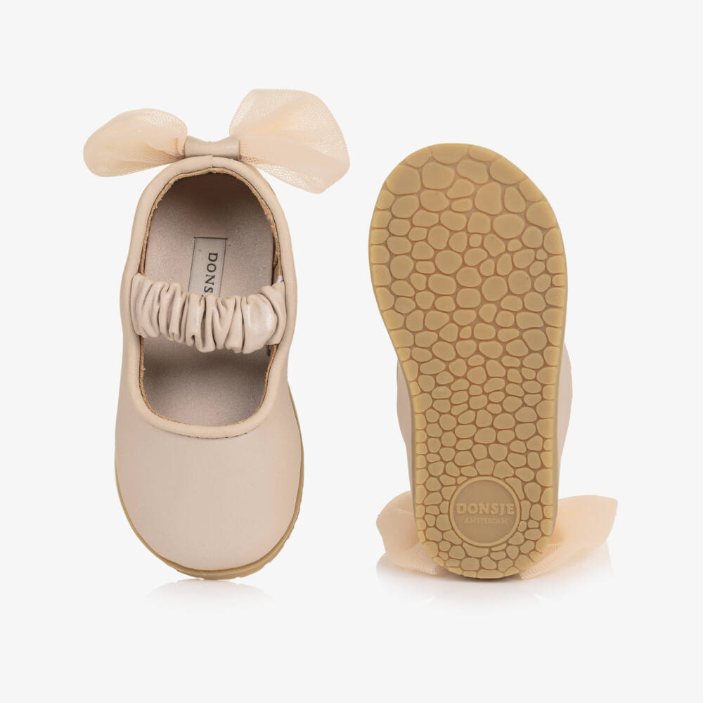 Donsje-Girls Pink Leather Ballerina Shoes with Tulle Bow | Childrensalon Outlet