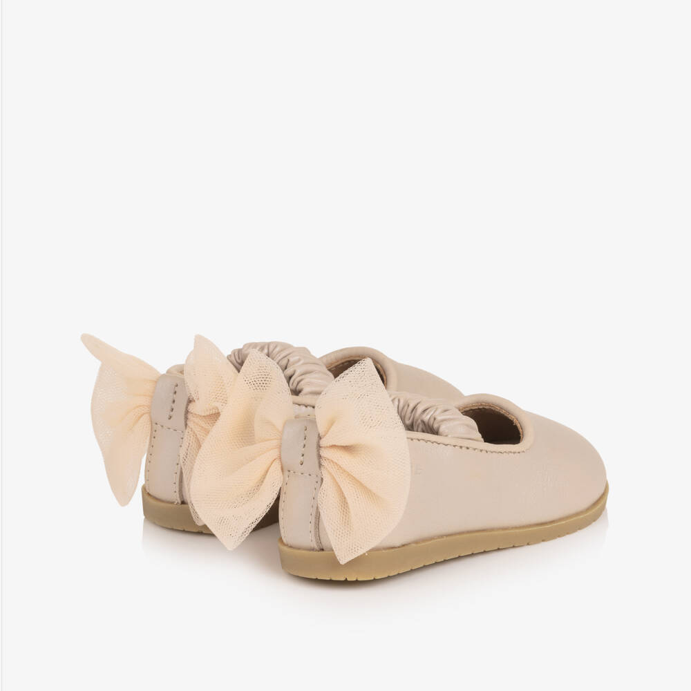 Donsje-Girls Pink Leather Ballerina Shoes with Tulle Bow | Childrensalon Outlet