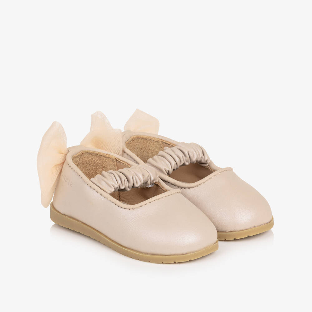 Donsje-Girls Pink Leather Ballerina Shoes with Tulle Bow | Childrensalon Outlet