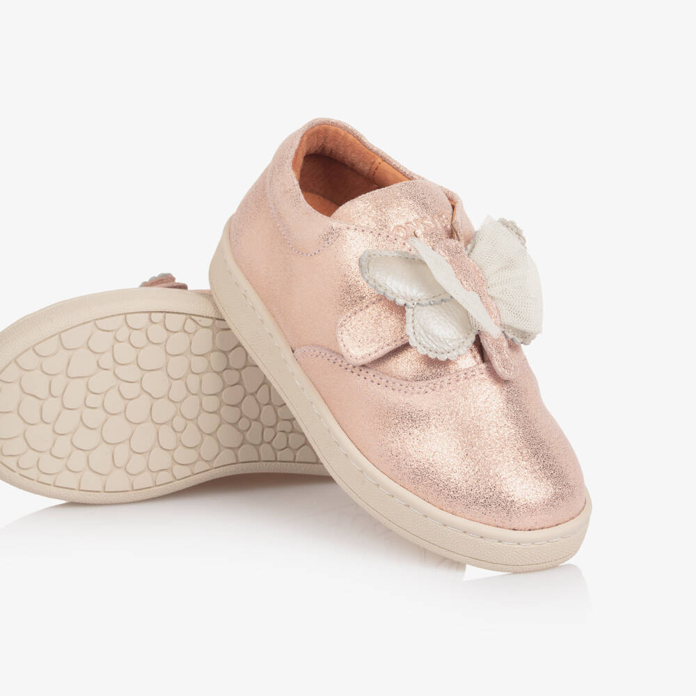 Donsje-Girls Pink Metallic Leather Butterfly Trainers | Childrensalon Outlet