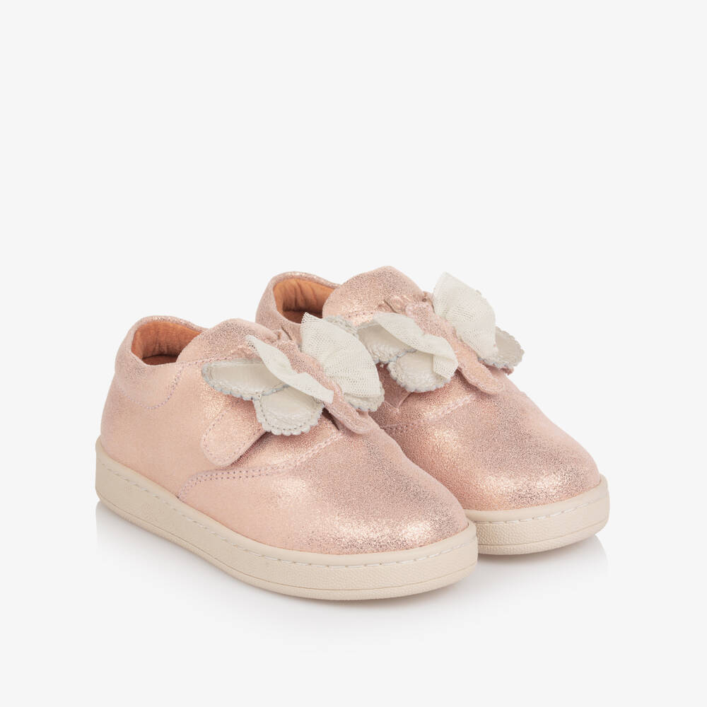 Donsje-Girls Pink Metallic Leather Butterfly Trainers | Childrensalon Outlet