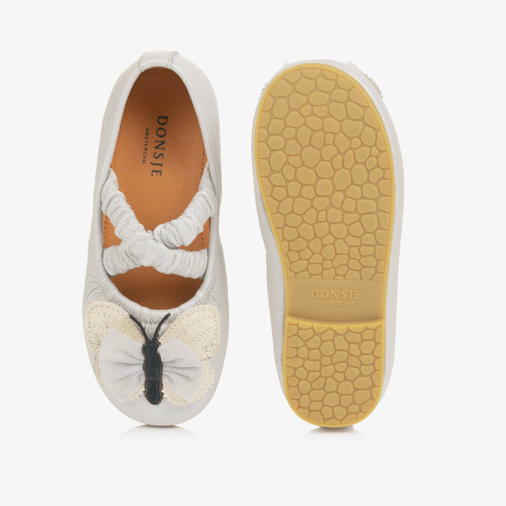 Donsje-Girls Silver Grey Leather Ballerinas with Butterflies | Childrensalon Outlet