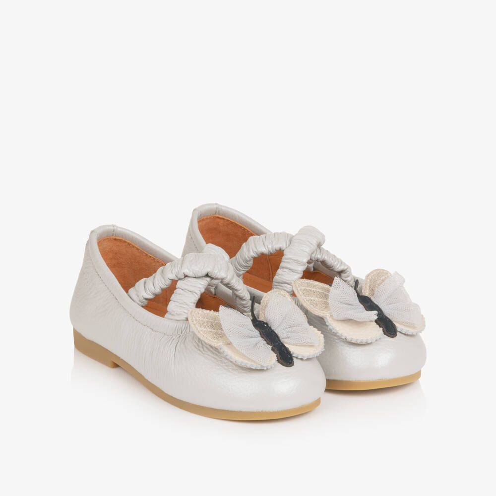 Donsje-Girls Silver Grey Leather Ballerinas with Butterflies | Childrensalon Outlet