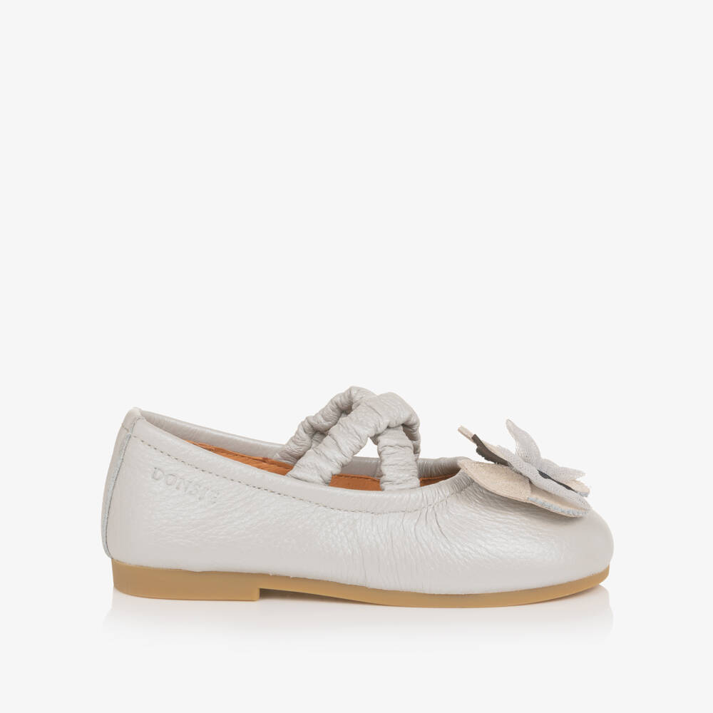 Donsje-Girls Silver Grey Leather Ballerinas with Butterflies | Childrensalon Outlet