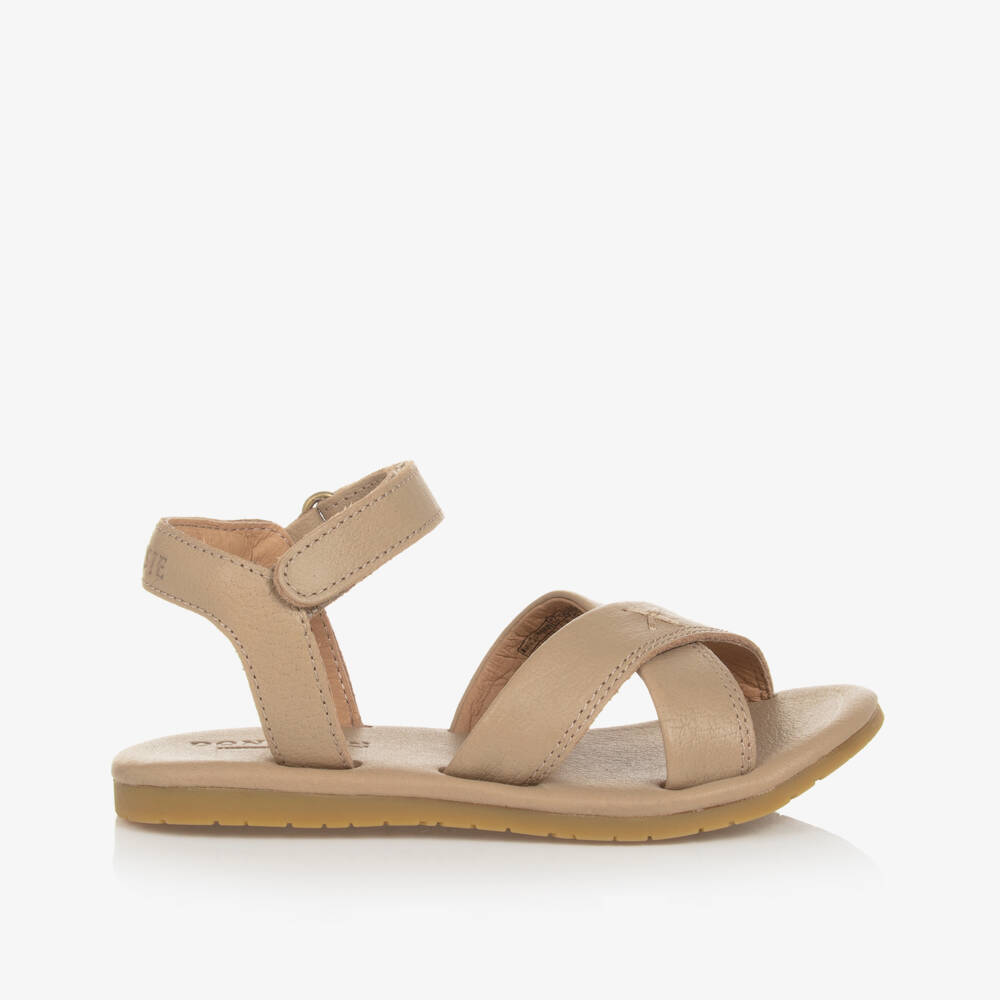 Donsje-Girls Taupe Brown Leather Velcro Sandals | Childrensalon Outlet