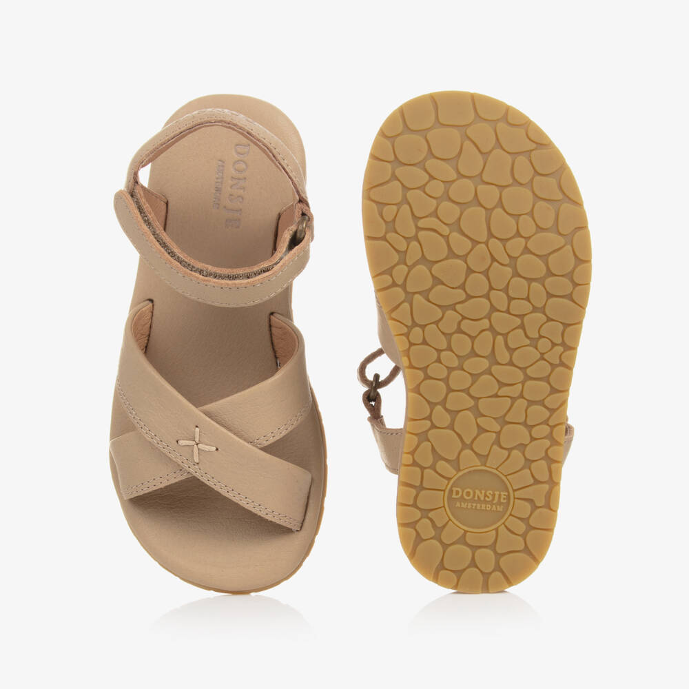 Donsje-Girls Taupe Brown Leather Velcro Sandals | Childrensalon Outlet