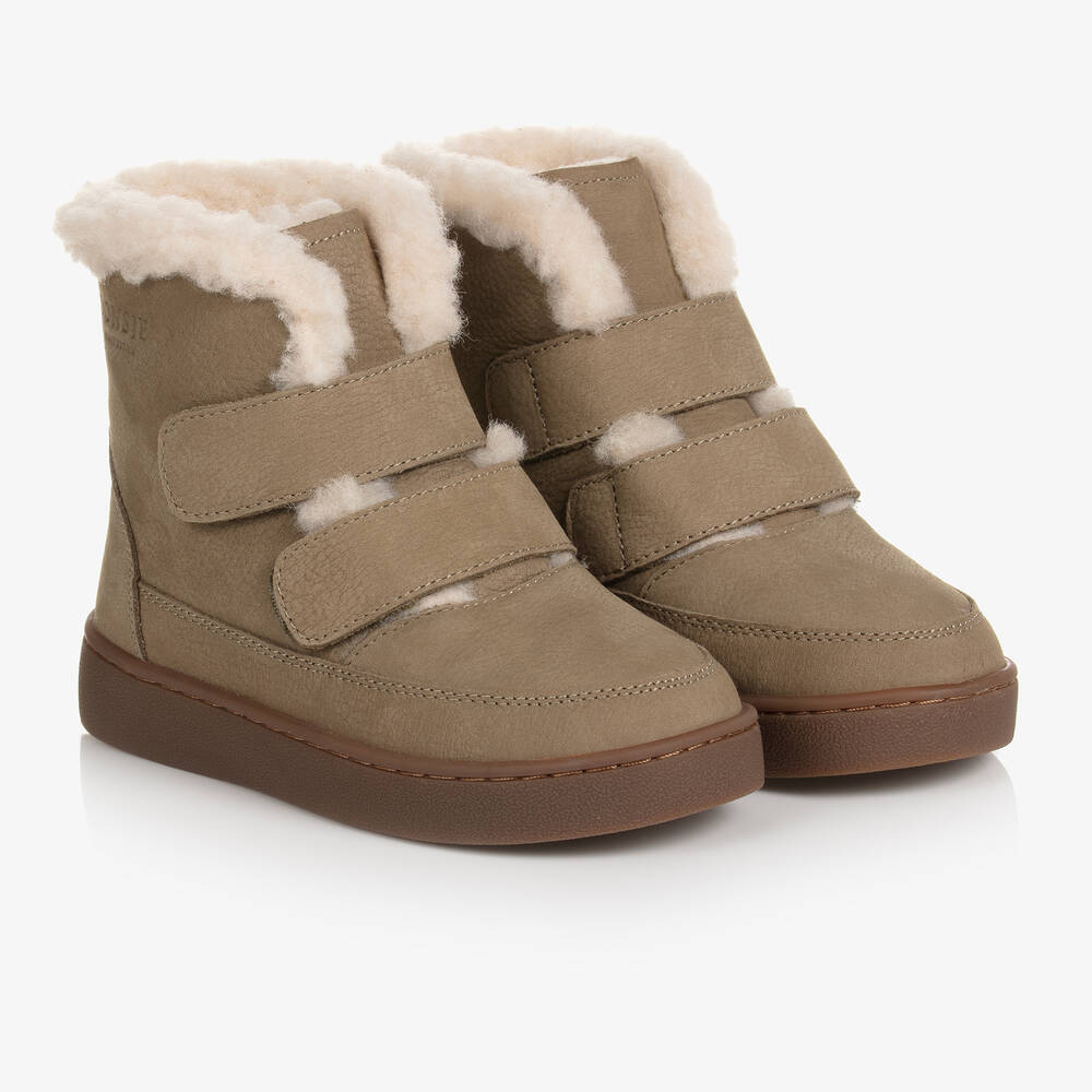 Donsje - Green Leather & Wool Fleece Boots | Childrensalon