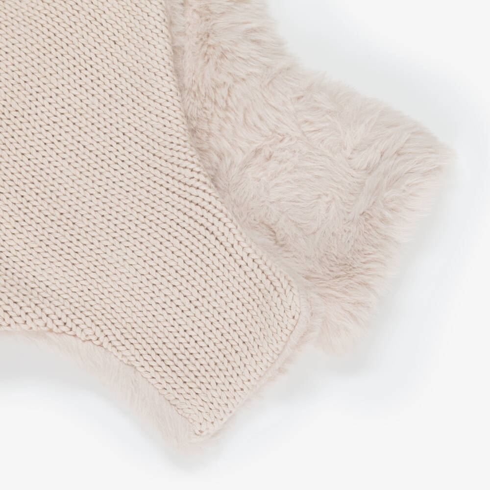 Donsje-Ivory Knitted Cotton Hat with Faux Fur Pom-Pom | Childrensalon Outlet