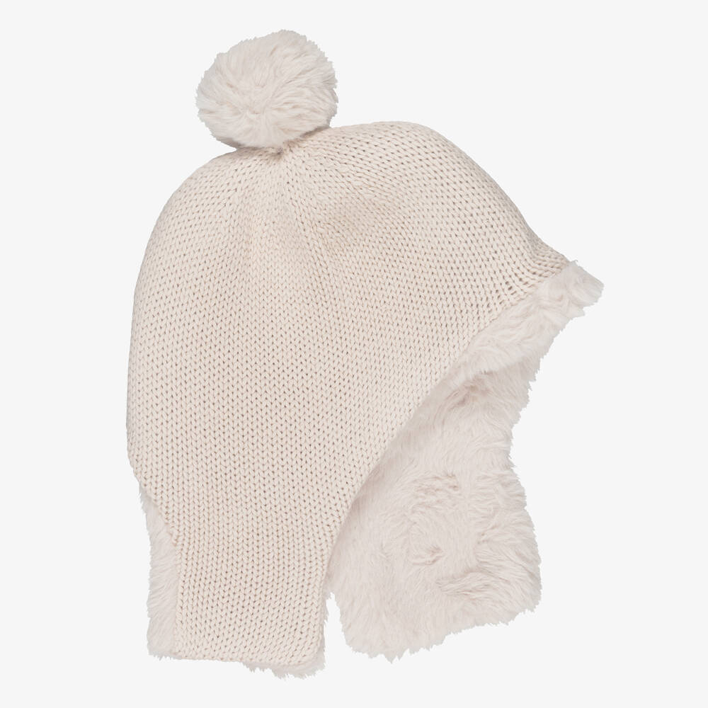Donsje-Ivory Knitted Cotton Hat with Faux Fur Pom-Pom | Childrensalon Outlet