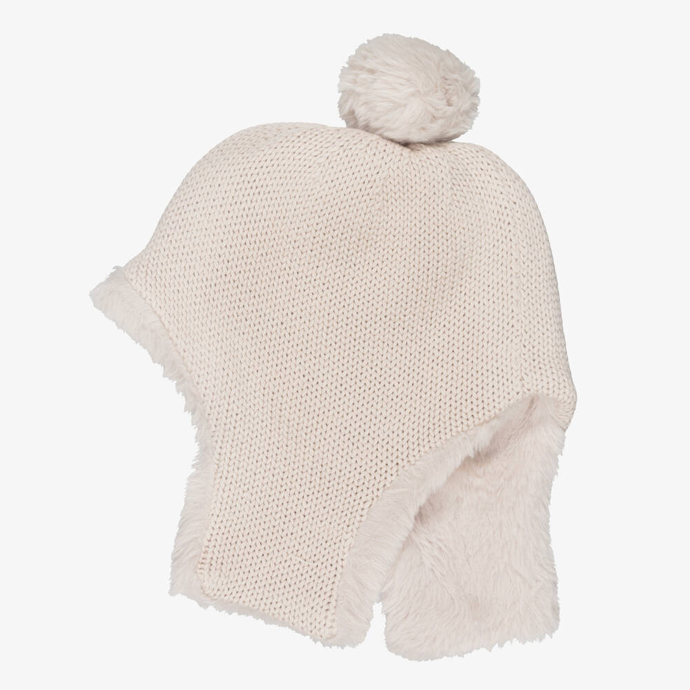 Donsje-Ivory Knitted Cotton Hat with Faux Fur Pom-Pom | Childrensalon Outlet