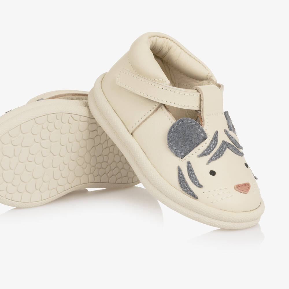 Donsje-Ivory Leather First Walker Shoes with Tiger Motif | Childrensalon Outlet