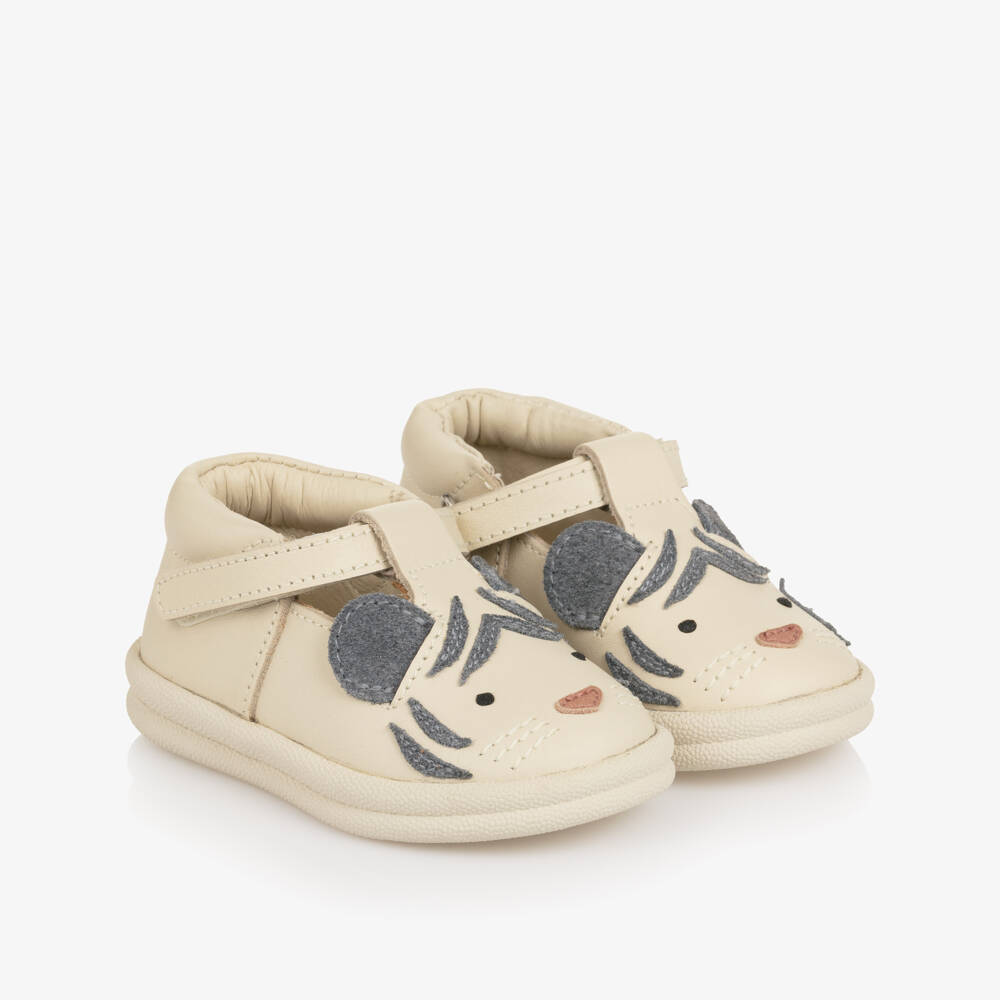 Donsje-Ivory Leather First Walker Shoes with Tiger Motif | Childrensalon Outlet