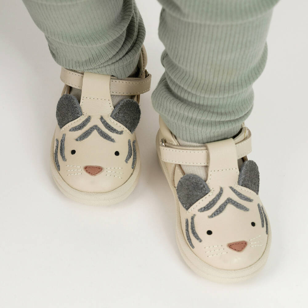Donsje-Ivory Leather First Walker Shoes with Tiger Motif | Childrensalon Outlet