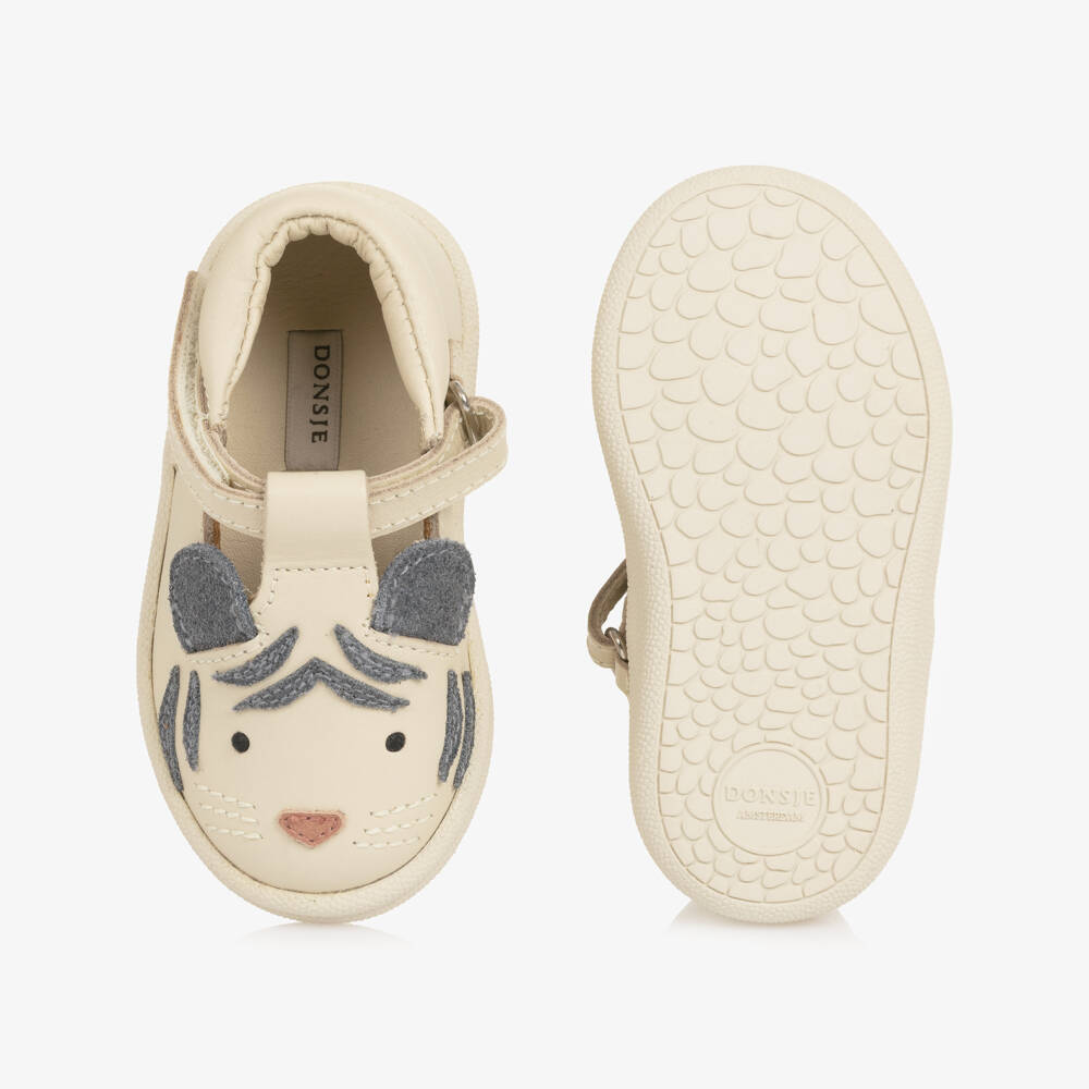 Donsje-Ivory Leather First Walker Shoes with Tiger Motif | Childrensalon Outlet